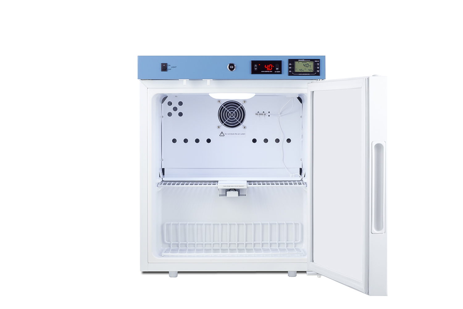 Compact healthcare all-refrigerator certified to NSF/ANSI 456 with self-closing solid door, front lock, digital controls, and NIST-calibrated temperature readout